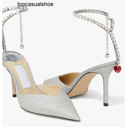 JC Jimmynessity Choo Saeda Women Top Leather Glitter Luxury Sandals Shoes Crytal Chain Strap Stiletto Heels Party Wedding Dress Lady Pumps EU35-43 Original Box