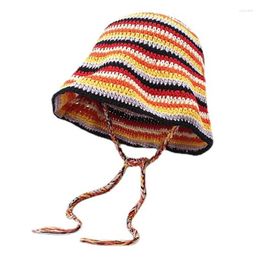 Berets Crochet Hats Women Striped Knit Bucket Hat Lace Up Boho Fisherman