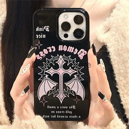 Cell Phone Cases Y2k Korean Cute Pink Wings Case For iPhone 15 14 13 12 11 Pro Max Mini X XR 7 8 Plus SE Glossy Shockproof Soft Black TPU Cover J240118