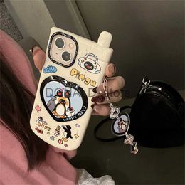 Cell Phone Cases Korean Cute Cartoon Penguin Pendant 3D Heart Mirror Case for iPhone 15 14 13 12 Pro Max 11 15pro Stylish Protective Soft Cover J240118