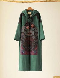 Women's Trench Coats Winter Coat National Style Embroidery Long Padding Linen Cotton Jacquard Green Outwear Luxury Warm With Hooded