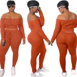 Women's Two Piece Pants Woman Tracksuit Oversized Tops And Sweatpants Knitted Suit Autumn Winter Sexy Slash Neck Outfits 2024 Sets Clothes