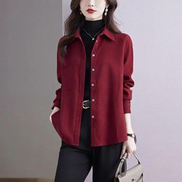 Women's Blouses Women Clothes Spring Solid Thick Shirts Vintage Red Casual Loose All-match Blouse Top Female Button Elegant Cardigan