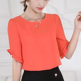 Capris Spring Summer Chiffon Shirt Women's Fashion Pure Colour Short Sleeve Thin Top Office Ladies New Korean Leisure Work Blouse H7069