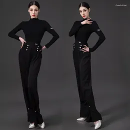 Stage Wear 2024 Latin Dance Practise Clothes Long Sleeved Black Pants Suit Chacha Rumba Tango Dress Modern DN17032