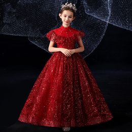 Toddler embroidery lace Flower Girl Dresses for Weddings new shiny blingbling red Party First holy Communion Dresses For Girls Elegant prom crystals birthday gowns