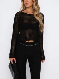 Women's T Shirts Summer Knit Crop Tops Solid Colour Long Sleeve O Neck Crochet Hollow T-shirt