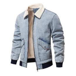 Autumn Winter Fur Collar Jacket for Men Warm Thicken Fleece Men's Jeans Coat Casual Fashion Denim 240117