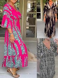 Casual Dresses Lady Printed V-neck Flared Sleeve Maxi Dress Women Fashion Loose High Waist Long Female Vacation Vestidos