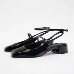 Dress Shoes TRAF 2024 High Heels Mary Janes For Women Pumps Fashion Double Buckle Strap Woman Black Patent Leather