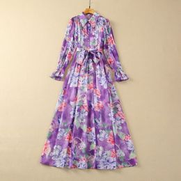 2024 Spring Purple Floral Print Belted Dress Long Sleeve Lapel Neck Buttons Long Maxi Casual Dresses S4J090110