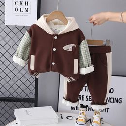 Autumn Winter Children Boy 2PCS Clothes Set Plaid Sleeve Patchwork Dog Hoodies Baseball Uniform Outfit Sports Pant Baby Boy Suit 240117