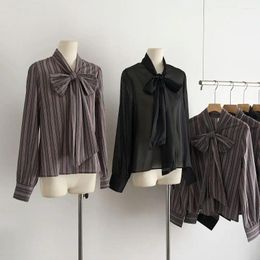 Women's Blouses Stripe Bow Tie Up Shirt Autumn And Winter Casual Design Sense Girl Neutral Drop Long Sleeve French Top