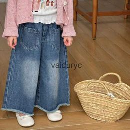 Pantolon 2024 Bahar Yeni Ldren Katı Geniş Bacak Pantolon Kızlar Vintage Jeans Kids Casual Denim 1-6 yıllık gevşek bebek giysileri H240508