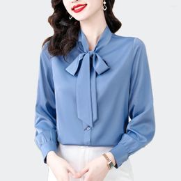 Women's Blouses All-Match Simple Bow-Tie Solid Satin Women Long Sleeve Button-Up Straight Shirts Basic Tops Elegant Office Clothes