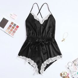 Sexy Romper Elegant Bodysuits Satin Pyjamas Belt Playsuit Casual Holiday Body Mujer Jumpsuits Comfy Nightdress 240117