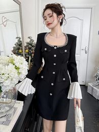 Casual Dresses Exquisite Luxury Short Dress Women French Black White Contrast Diamonds Single Breasted Folds Mini Gown Femme Party Prom