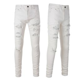 Slim Fit White Jeans Men With Crystal Patch Detail Distressed Wash