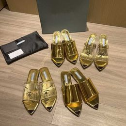 Designer Women Formal Shoes Printed Perspex High Heels Fashion Milanese Slippers Gold Silver Metallic Leather Thick Heels Cushion Slippers
