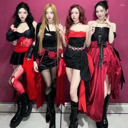 Work Dresses Kpop Korean Women Group Concert Sexy Off-Shoulder Sling Vest Slim Crop Tops Irregular Bow Slit Lace-up Long Skirts Stage