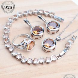 Earrings Bracelet Jewellery Ladies Sier Sets Champagne Zircon For Women Wedding Rings Bracelets Stones Pendant Necklace Set Drop Deli Dhm8V