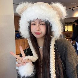Berets Cute Cartoon Bear Ears Plush Bomber Hats For Women And Men Winter Outdoor Cycling Thickened Thermal Ear Protection Ski Caps