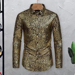 Men's Casual Shirts Men Leopard Print Bronzing Shirt Spring Autumn Lapel Long Sleeve Single Breasted Slim Fit Banquet