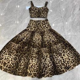 Work Dresses Fashion Runway Women Two Piece Set Cotton Leopard Printing Short Camisole Half Dress Party Vacation Skirt Suit