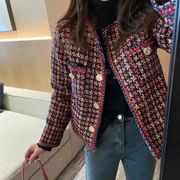 Elegant Weave Plaid Women Blazer Pocket Plus Velvet Winter Causal Tweed Coat Office Ladies Suit Jacket 240117