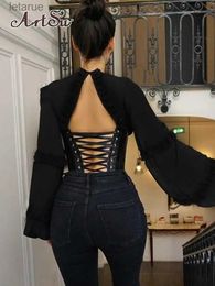 Women's Blouses Shirts Artsu Sexy Backless Chiffon Lace Up Blouse Cute Shirt Tops Spring Bandage Cleb Party Bustier Corset Hooks Puff Sleeve ASBL60704 YQ240118