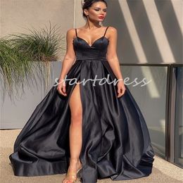 Sexy Black Spaghetti Straps Prom Dress With High Slit A Line Holiday Floor Length Evening Dress Backless Elegant Formal Party Dresses Special Occasion Vestio Fiesta