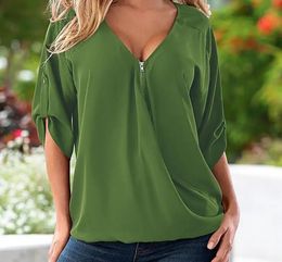 S-5XL Blouses Loose shirt WhiteRedBlackBlue Sexy Women See Through Chiffon Shirts V Neck Half Casual Blouse Tops Plus Size 240117