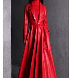 Nerazzurri high quality red black maxi leather trench coat for women long sleeve extra long skirted overcoat plus size fashion 2014712220