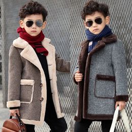 Children Casual Woollen Coat Fall Winter Boys Handsome Plush Velvet Heavy Outerwear Clothes Kids Splicing Pocket Trench Coat 240117