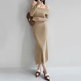 Casual Dresses Women Bardot Midi Dress With Split Sleeve Off Shoulder Jumper Trumpet Skirt