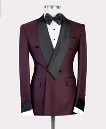 Men's Suits Costume Homme Burgundy Red With Black Lapel Slim Fit Formal 2 Pieces Wedding Groom Tuxedos Jacket Pants