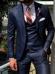 ANNIEBRITNEY Dark Blue 3 Piece Slim Men Fashion Suit Cutsom Groom Wedding Tuxedo Prom Tailor Made With Pants 240117