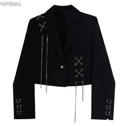 Women's Suits Blazers Women Punk Gothic Cropped Blazer with Metal Chain Harajuku Design Streetwear Chic Patchwork Suit Office Lady Commute Short CoatL240118