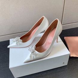 Amina muaddi crystal-studded bows Dress shoes Pumps pumps The point-toe satin Patent leather stiletto heels Luxury Designers Evening party wedding heeled