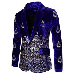 High Quality Men's Blazer Costume Stage Jacket Suit Male Velvet Gold Thread Embroidered Dress Suit for Men 240117