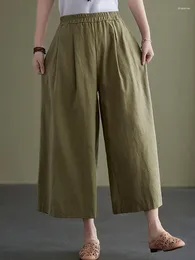 Women's Pants High Waist Wide Leg Women 2024 Spring Vintage Style Solid Colour Cotton Linen Female Ankle-length Casual B2362