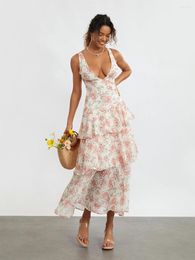 Casual Dresses Wsevypo Elegant Floral Ruffles Tiered Party 2024 Spring Summer Women's Sleeveless Backless Tie-up Deep V Tank