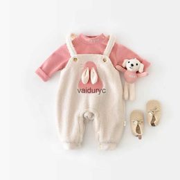 Clothing Sets 2023 Winter New Baby Girls Cute Cartoon Bunny Sleeveless Jumpsuit Set Thick Infant Plush Overalls Suit Toddler Warm Outfits H240508