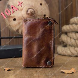 High quality Waist Capacity Card Cow Multi-functional Large bags Leather Car Vegetable Tanned Key Zero Wallet Bag Men's Zipper 10A+