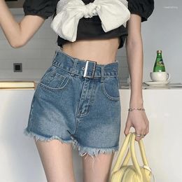 Women's Shorts High Waist Slim Denim Women Vintage Korean Fashion Belted Tassel Tight Jean Washed Sexy Female Summer 2024