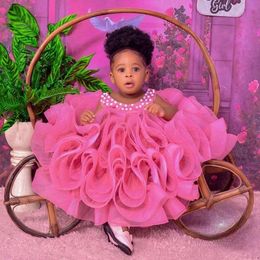 Fuchsia Flower Girl Jewel Tiered Tulle Pearls Princess Queen Flowergirl Dresses Ball Gowns Little Kids First Birthday Party Daughter and Mother Dress CF022