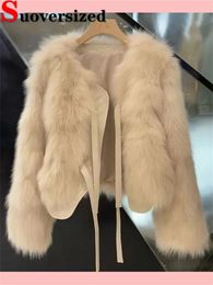 Winter Short Faux Fur Coats Warm Lace-up Imitate Fox Furs Jackets Korean Fashion Loose Plush Outerwear Women Luxury Furry Casaco 240117