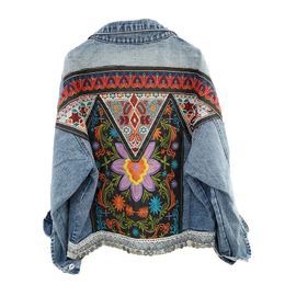 Boho Style Embroidery Denim Jacket Coat Women Vintage Big Pocket Cowboy Outerwear Loose Casual Long Sleeve Jeans Jackets Female 240117