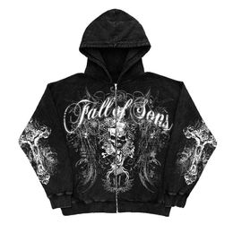 Y2K Fashion Men's and Women's Winter New Letter Skull Cross Zipper Hoodie Long sleeved Sweater