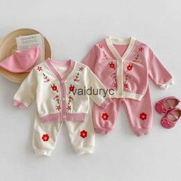 Clothing Sets 2024 Spring New Baby Girl Long Sleeve Clothes Set Toddler Flower Embroidery Cardigan + Pants 2pcs Suit Infant Casual Outfits H240508